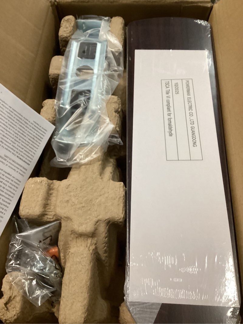Condition photo showing New/Like New for mainstays 42" hugger indoor ceiling fan with single light, satin nickel, 4 blades, led bulb