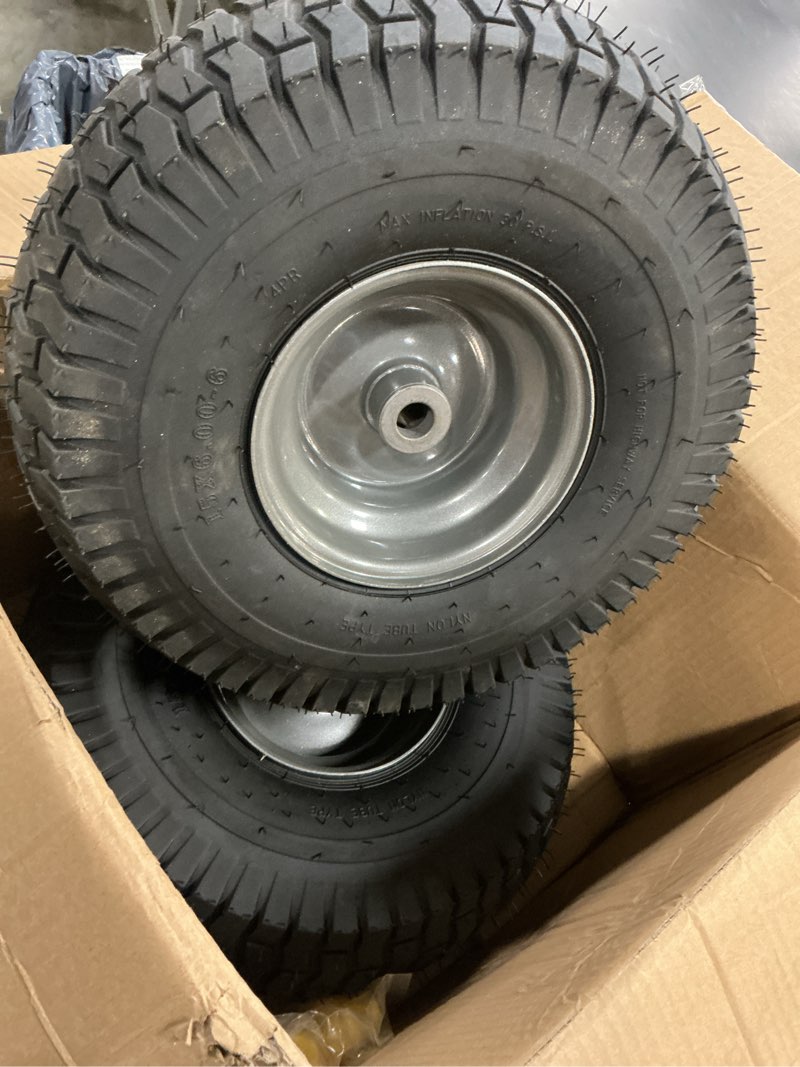 Condition photo showing Good Condition for ar-pro (2 pack) 15x6.00-6 front tire and wheel assembly, 15x6-6 lawn mower tire with 3" centered hub & 3/4" bushing, 4-ply pneumatic 15 x 6.00-6" pneumatic (centered hub) gray