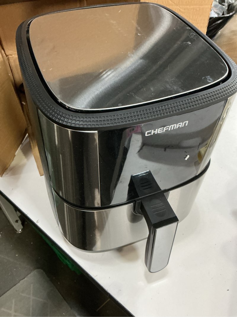 Condition photo showing As Is for chefman turbofry touch air fryer, large 5-quart family size, one touch digital control presets, french fries, chicken, meat, fish, nonstick dishwasher-safe parts, automatic shutoff, stainless steel 5 quarts stainless steel