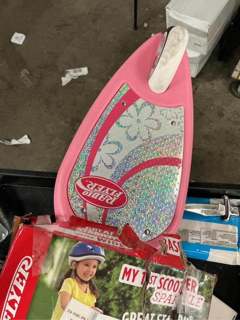 Condition photo showing As Is for radio flyer my 1st scooter sparkle, 3 wheels, pink, toddlers
