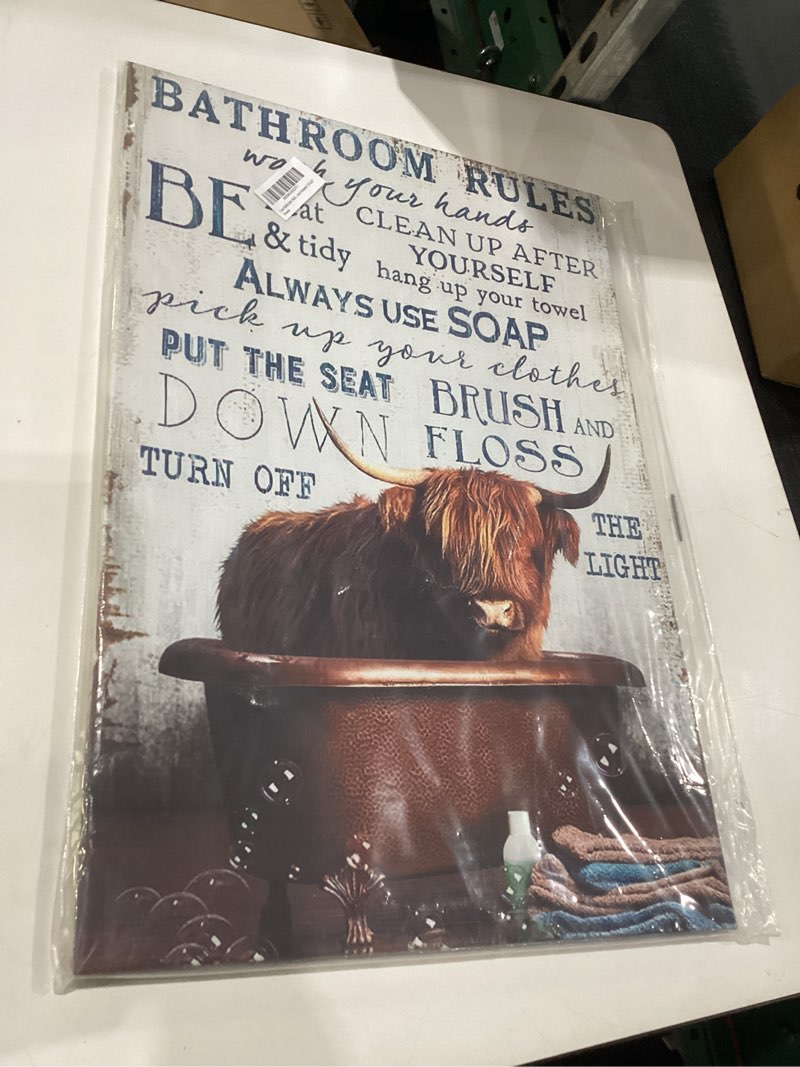 Condition photo showing New/Like New for Cow Bathroom Wall Art Farmhouse Highland Cow Bathroom Rules Pictures Bathroom Signs Rustic Canvas Painting Funny Cow Framed Artwork 16"x24" 24"L x 16"W Bathroom Rules Cow H01