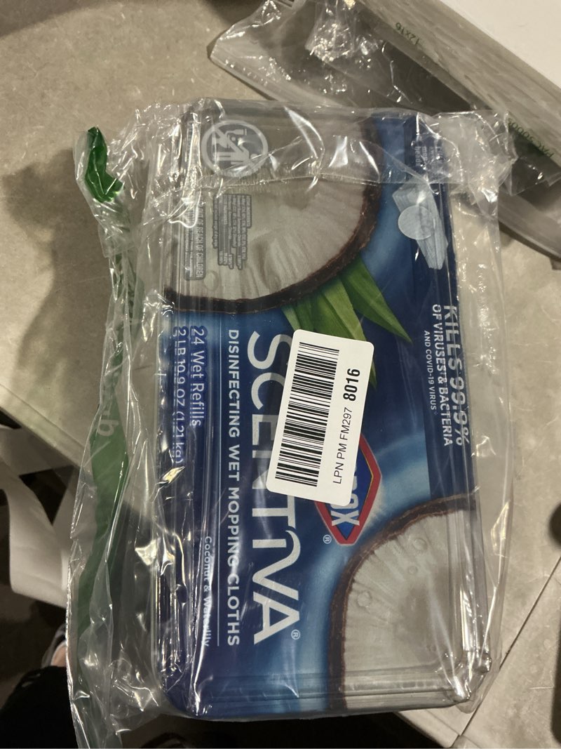Condition photo showing As Is for clorox scentiva disinfecting wet mopping cloths, coconut and waterlily, 24 refills (pack may vary) coconut and waterlily 24 count (pack of 1)
