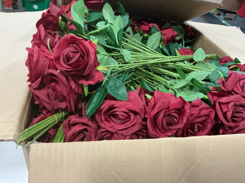 Condition photo showing Good Condition for riceshoot 500 pcs artificial silk roses flowers with long stem bridal wedding bouquet realistic floral bulks for garden home party gifts favor decoration(wine red)