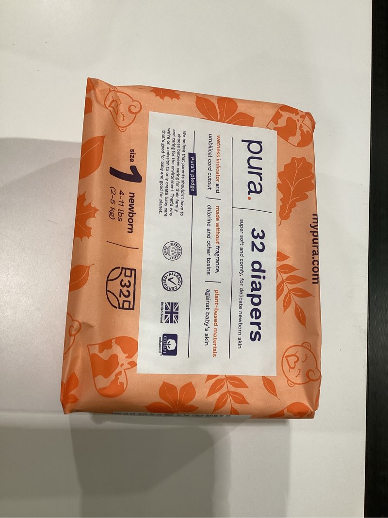 Condition photo showing New/Like New for Pura Hypoallergenic Diapers, Size 1 (4-11 lbs), Newborn, Totally Chlorine Free, Wetness Indicator, Suitable for Sensitive Skin, Soft Organic Cotton Comfort, Overnight, 1 Pack of 32 Baby Diapers Size 1 32