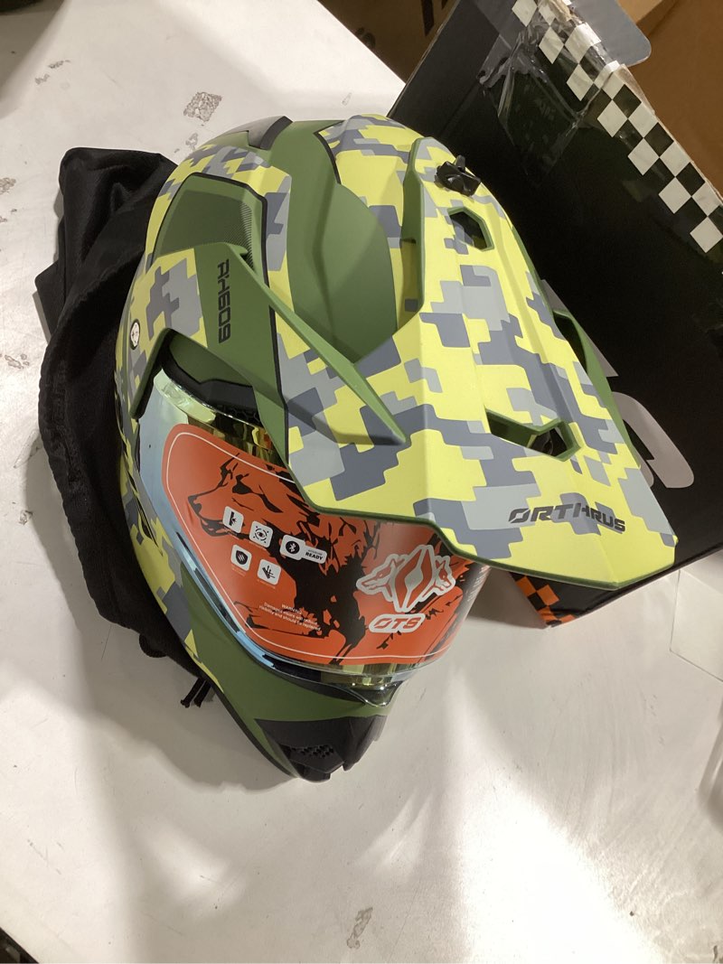 Condition photo showing Good Condition for orthrus youth kids motorcycle helmet, dot certified full face dirt bike helmets for off-road atv street riding motocross bmx four wheeler snowmobile go kart (green husky halo, small) green husky halo small