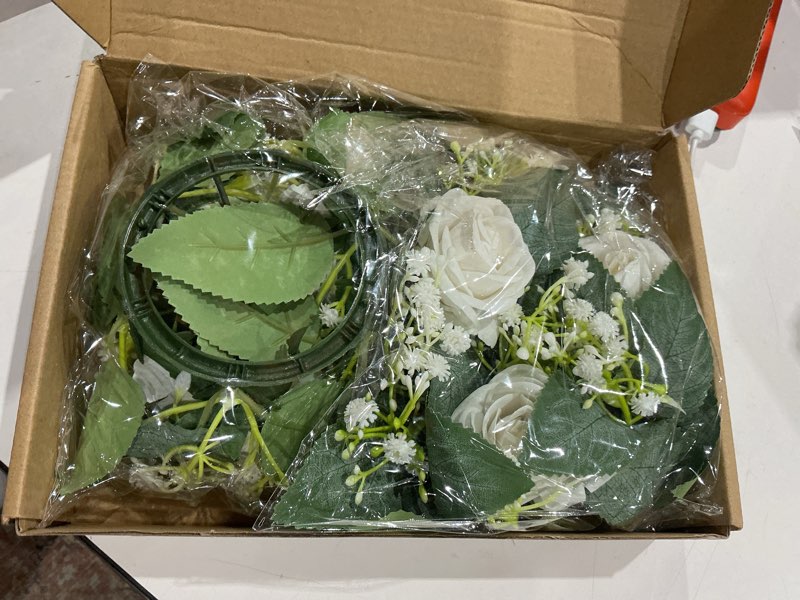 Condition photo showing Good Condition for 2 pcs white artificial flowers candle rings wreaths for pillars, velvet rose candle wreath rings for wedding table centerpieces, valentine's day, farmhouse home (white)