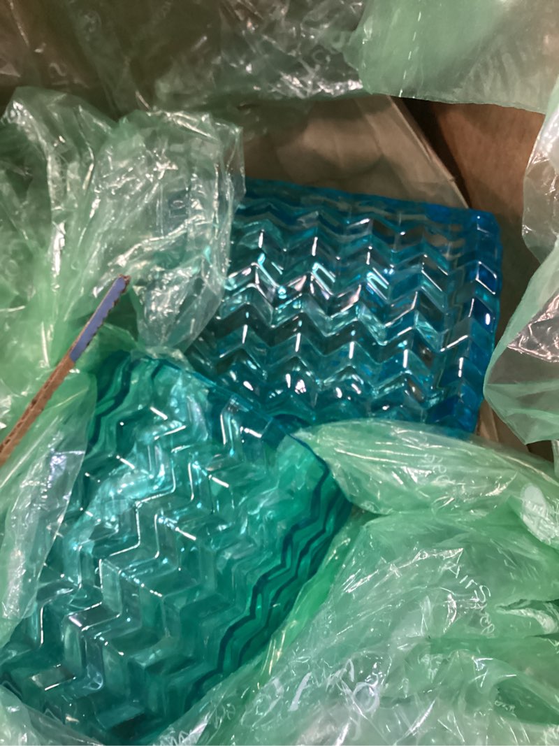 Condition photo showing New/Like New for 2 pack blue corrugated glass lamp shades premium thick glass, unique wave texture 1-5/8\" fitter for pendant lights, chandeliers & vanity blue-corrugated 3 pack