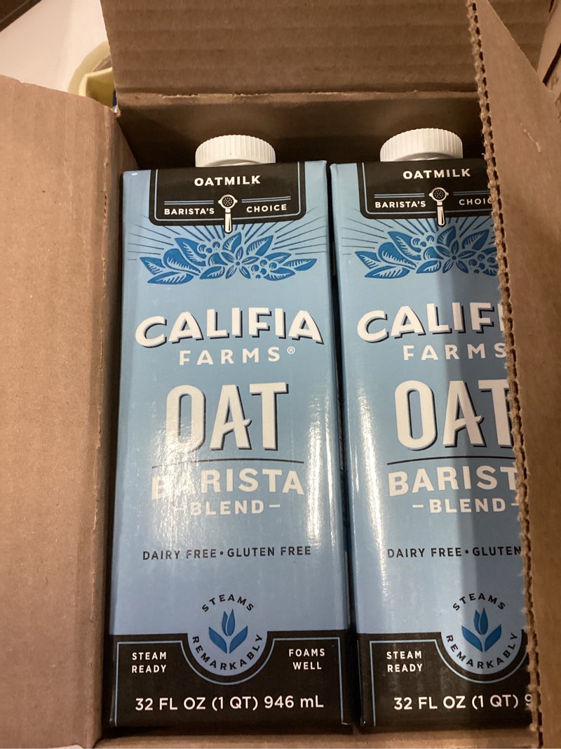 Condition photo showing New/Like New for Califia Farms - Oat Barista Blend Oat Milk, 32 Oz (Pack of 6), Shelf Stable, Dairy Free, Plant Based, Vegan, Gluten Free, Non GMO, High Calcium, Milk Frother, Creamer, Oatmilk Oat Barista Original 32 Ounce (Pack of 6) best by feb 18, 26