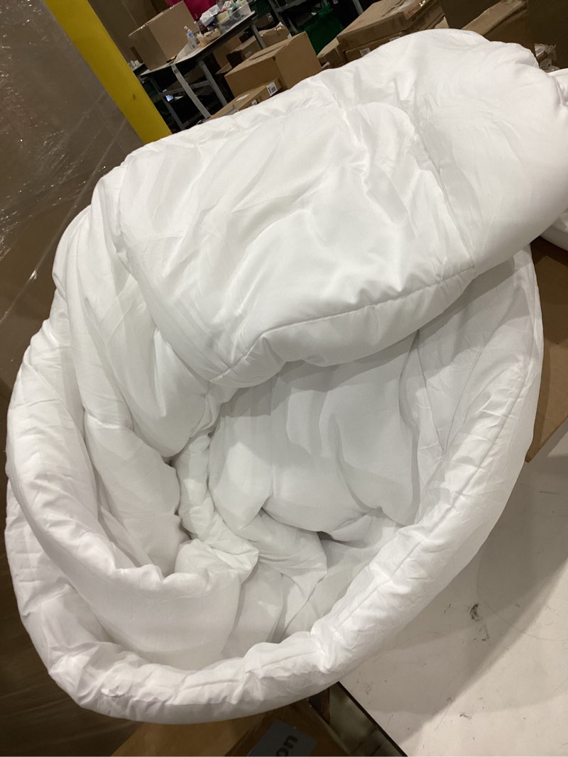 Condition photo showing As Is for downcool comforters, duvet insert, white all season duvet, lightweight quilt, down alternative hotel comforter with corner tabs lightweight comforter white