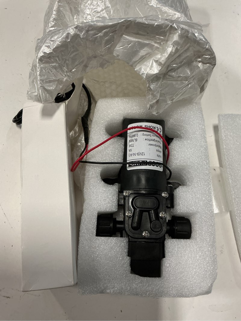 Condition photo showing As Is for water pressure pump sprayer self priming pump 12v dc 70w 0.9mpa 130psi home booster connected to 11.5mm/0.45inch 17.3mm/0.68inch pipe for 4-6l/min with power adapter