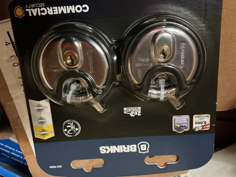 Condition photo showing New/Like New for 2-3/4-in. (70 mm) commercial-grade stainless-steel discus protected bumper keyed padlock, 2-pack