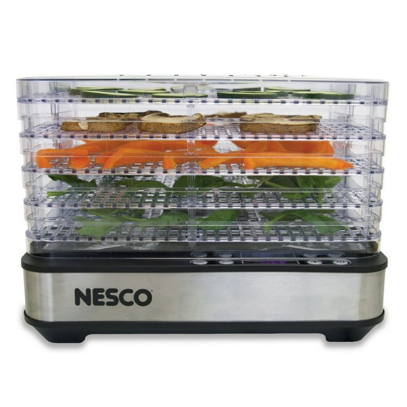 nesco 5-tray rectangular food dehydrator, 420w adjustable temp food dehumidifier with digital timer and bottom-mount fan for beef jerky, vegetables & herbs, fd-5tc