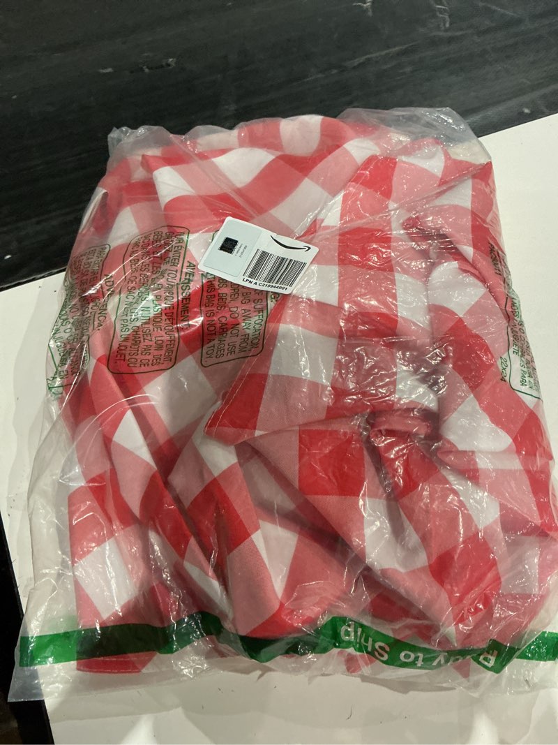 Condition photo showing Good Condition for hiasan christmas checkered round tablecloth 120 inch - waterproof stain and wrinkle resistant washable fabric table cloth for dining room party outdoor picnic, red and white