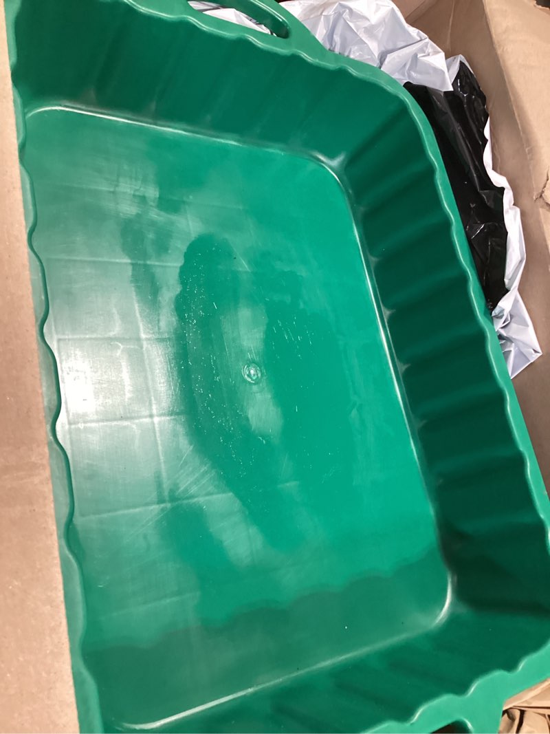 Condition photo showing As Is for callaron 23.5" oil drain pan for car, heavy oil change collector pan leakproof, plastic large transmission drain pan, changing oil pans for car truck engine, transmission, fluid change(green)