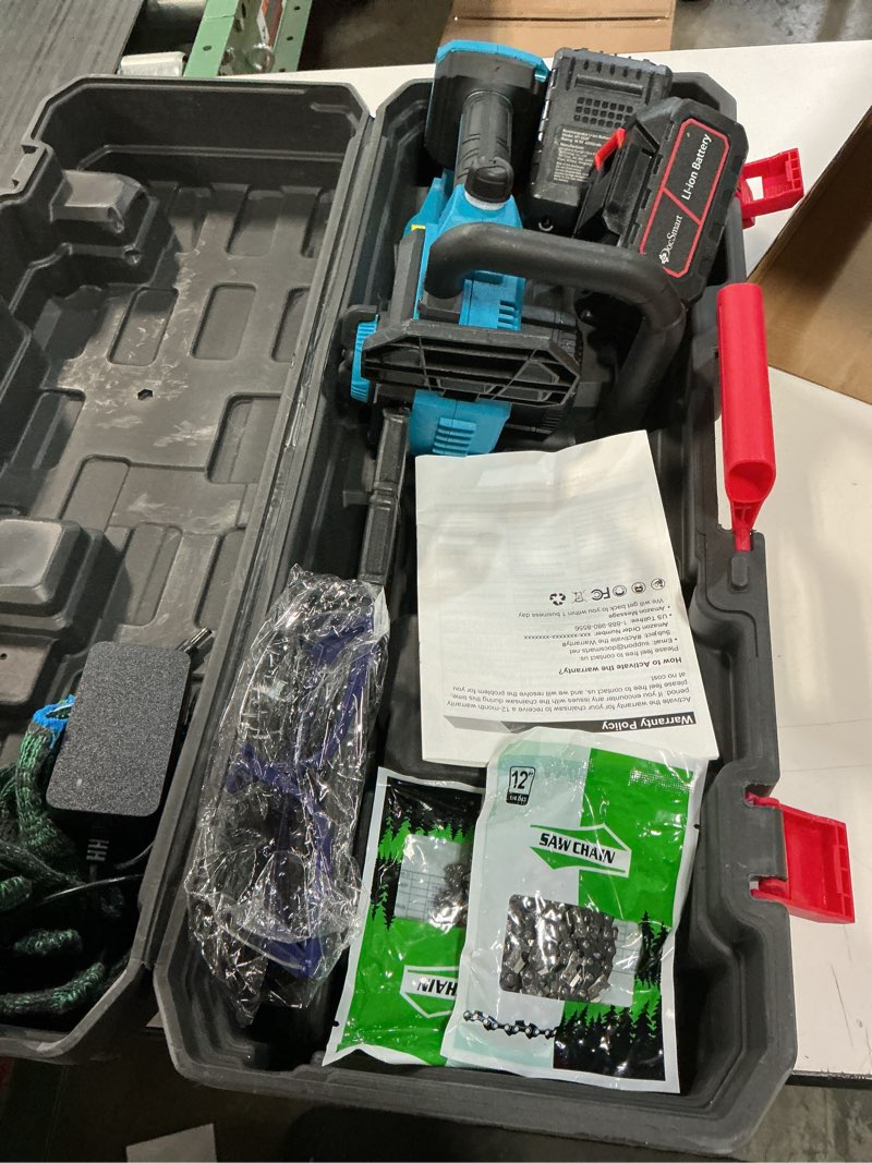 Condition photo showing Good Condition for Chainsaw Cordless 12 Inch, Electric Chain Saw with 2*4000mAh Rechargeable Batteries, Powerful Handheld Saw for Tree Trimming Wood Cutting, Perfect Gardening Tools for Thick Branches and Logs Blue Cs12