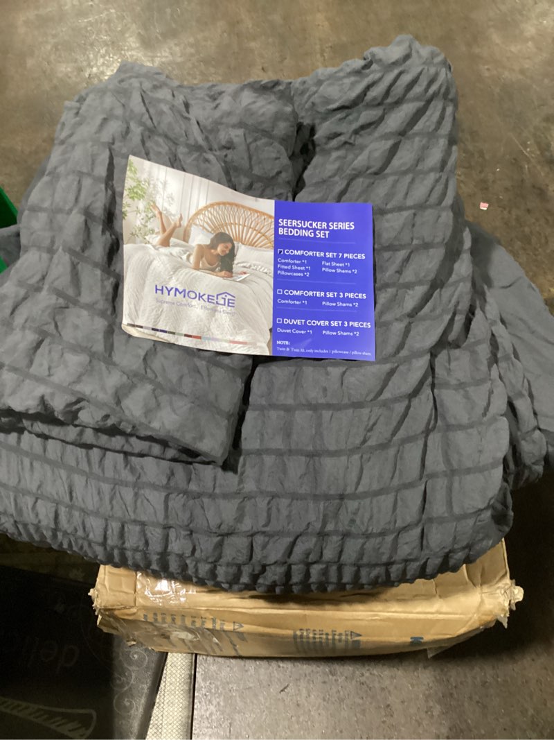 Condition photo showing As Is for hymokege twin comforter set seersucker 5 pieces, all season luxury bed in a bag for bedroom, bedding set with comforters, sheets, pillowcase & sham, dark grey twin(68"x 88") dark grey