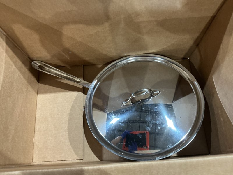 Condition photo showing As Is for all-clad d3® stainless steel 12 inch frying pan with lid- made in the usa- the original bonded professional cookware- oven safe & induction compatible 12" stainless steel pan with lid