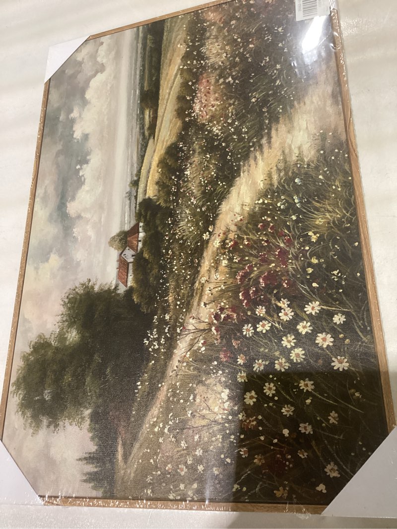 Condition photo showing New/Like New for SHENIFY Vintage Landscape Framed Wall Art Rustic Countryside Wildflower Field Farmhouse Decor Retro Meadow with Flowers Painting for Hallway Bedroom Dining Room - 16x24in Natural Framed Rustic Countryside 24"L x 16"W Country Flower Field