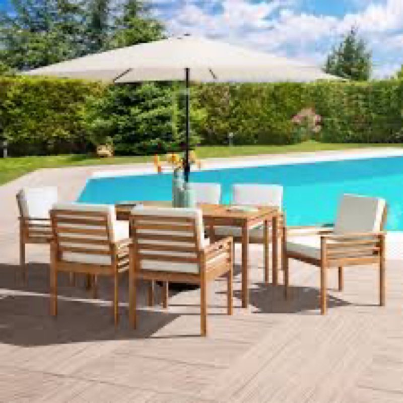 Arjay 8 Pc Patio Dining Set Wood One 63" Table 6 Chairs With Cushions And 1 10-Foot Tilt Umbrella