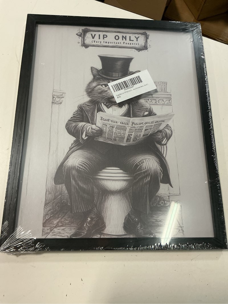 Condition photo showing New/Like New for bathroom picture wall decor, vip only, funny cat on toilet reading newspaper,framed black and white bathroom wall art, canvas print painting, 14"x11" 062-l 14"l x 11"w