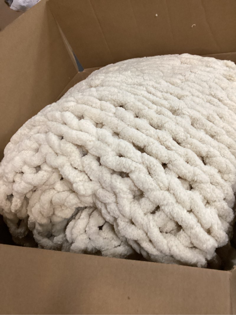 Condition photo showing Good Condition for bigacogo chunky knit throw blanket for couch, 60x80 inches, 100% hand knitted with thick jumbo chenille yarn, cozy soft large rope knot cable crochet blankets for sofa bed living room, beige beige 60"x80" (over size throw?