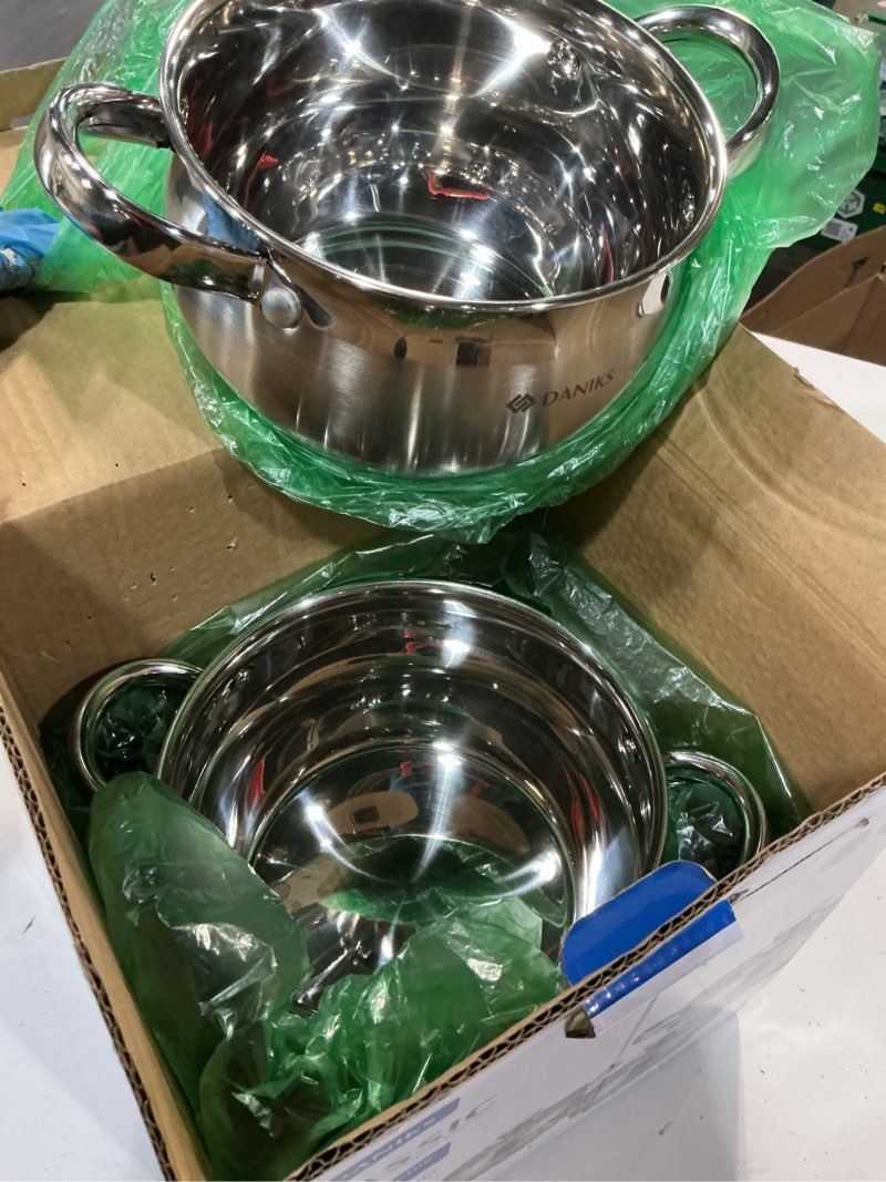 Condition photo showing As Is for daniks classic 6-piece stainless steel cookware set with glass lids, tri-ply bases for even heating, induction compatible, dishwasher safe 6-pcs set