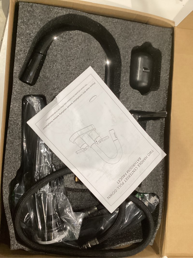 Condition photo showing Good Condition for KENES Chrome Centerset Bathroom Faucet with Pull Down Sprayer, 4 Inch 2 Handle Pull Out Bathroom Faucet 3 Hole, Bathroom Sink Faucet with Pop Up Drain & Supply Lines LJ-9069-5