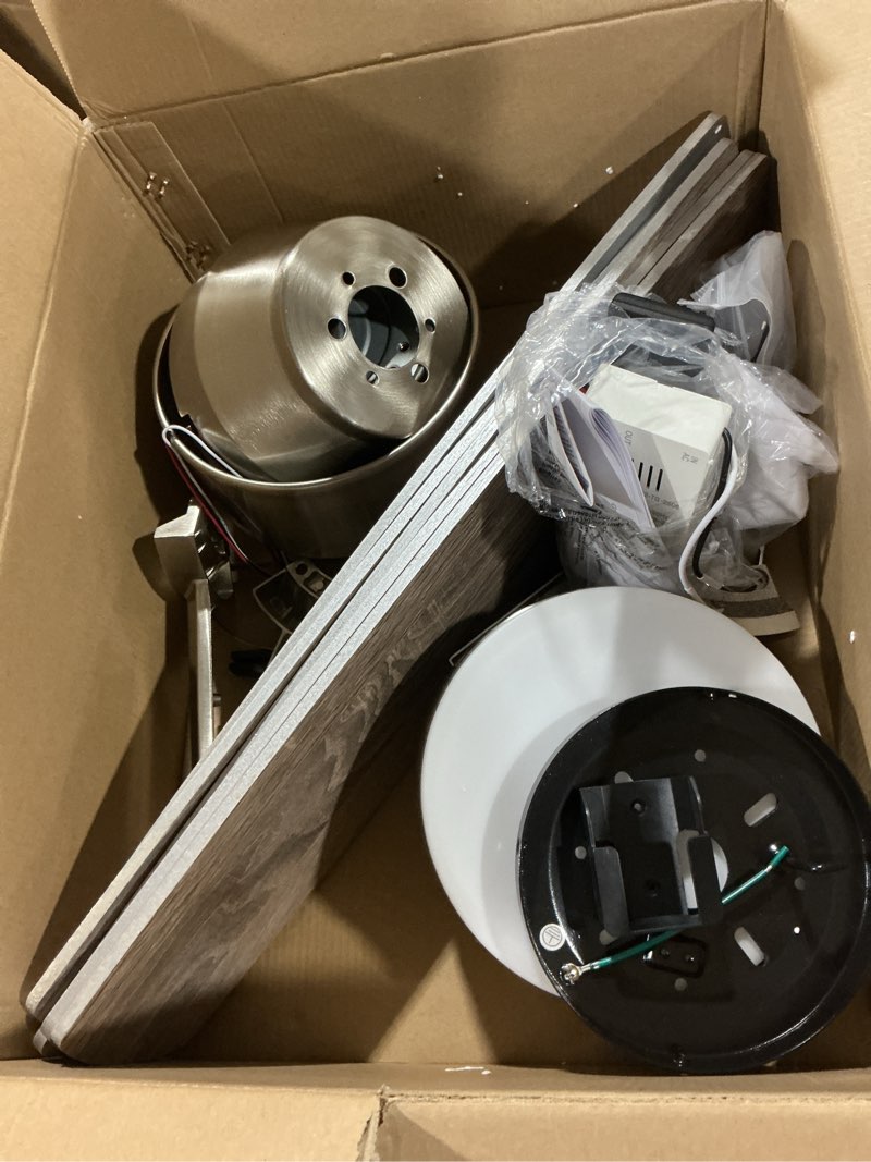 Condition photo showing As Is for Ohniyou Ceiling Fans with Lights, 52'' Low Profile Ceiling Fan with Light and Remote/APP Control, Modern Flush Mount Ceiling Fan for Indoor Bedroom Living Room, Dimmable, Qiuet DC Motor, Silver Silver 52 inch