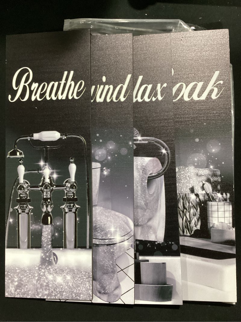 Condition photo showing Good Condition for honoson 4 pcs bathroom decor wall art farmhouse bathroom pictures wall decor soak unwind relax breathe wood hanging sign for home spa laundry(black and silver)