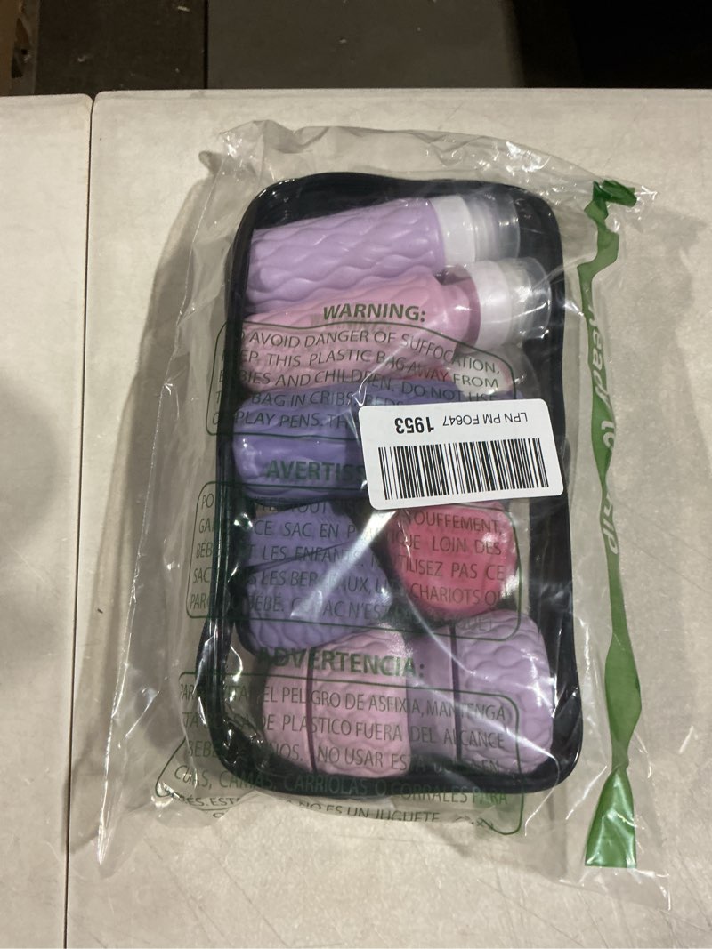 Condition photo showing Good Condition for Silicone Travel Bottles for Toiletries 8 Pack Travel Size Toiletries 3.4 oz 1.7 oz, Leakproof Squeeze Travel Size Containers Refillable Cosmetic Jars Set for Shampoo, Conditioner, Creams Rose/Light Purple/Dark Purple/Caramel Purple Bottle 3.4oz Jars 1.7oz