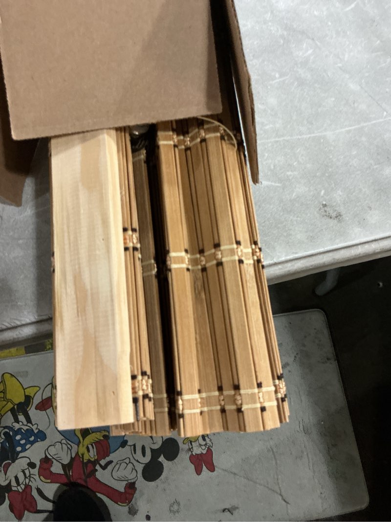 Condition photo showing As Is for bamboo blinds for interior windows, easy to install bamboo shades for indoor windows, custom roller shades for indoor window and outdoor patio, 23" w x 48" h bamboo carbonized broad 23"w x 48"h