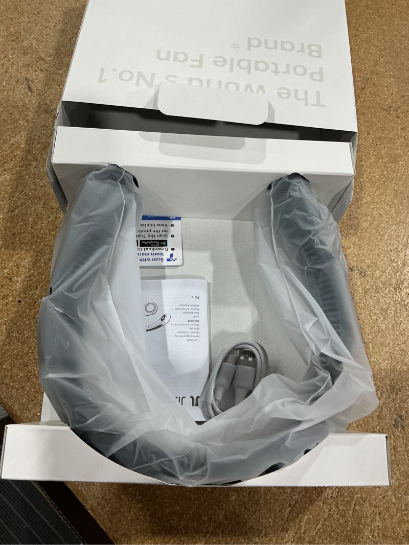 Condition photo showing New/Like New for jisulife portable neck fan, hands free bladeless fan, 5 speeds, 4000 mah battery operated wearable personal fan, twistable, rechargeable, gift for women men-dark green