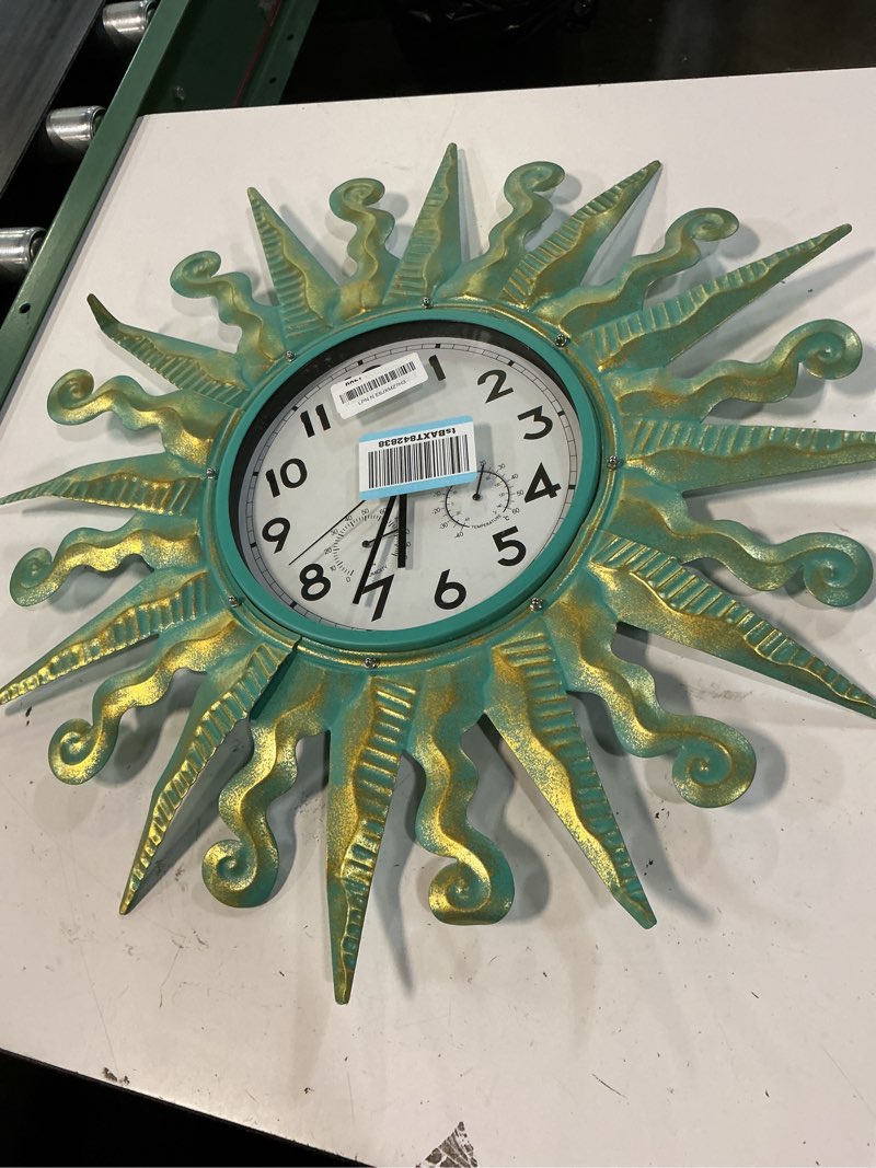 Condition photo showing As Is for 25-inch sun-shaped outdoor clock and thermometer set, 10-inch dial, battery powered, waterproof, silent quartz movement (golden)