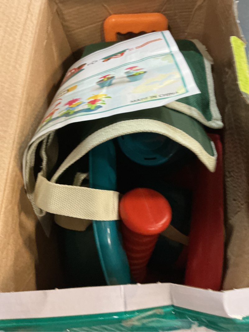 Condition photo showing As Is for unanscre gardening tool set for kids, with toddler wheelbarrow, watering can, spray bottle, double rake, shovel, trowel, pruner, flowers kit, apron, pretend play garden toys for age3+ outdoor yard