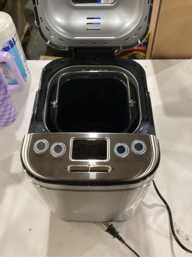 Condition photo showing As Is for **untested** cuisinart bread maker machine, stainless steel automatic bread machine with 12 menu options, 3 loaf sizes up to 2 lb., 3 crust colors, removable nonstick baking pan & kneading paddle, cbk-110nas