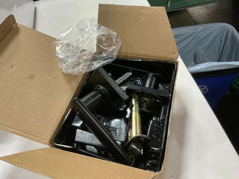 Condition photo showing As Is for kwikset breton entry door handle with lock and key, secure keyed reversible lever exterior, for front entrance and bedrooms, matte black , pick resistant smartkey rekey security and microban matte black 1 pack keyed entry