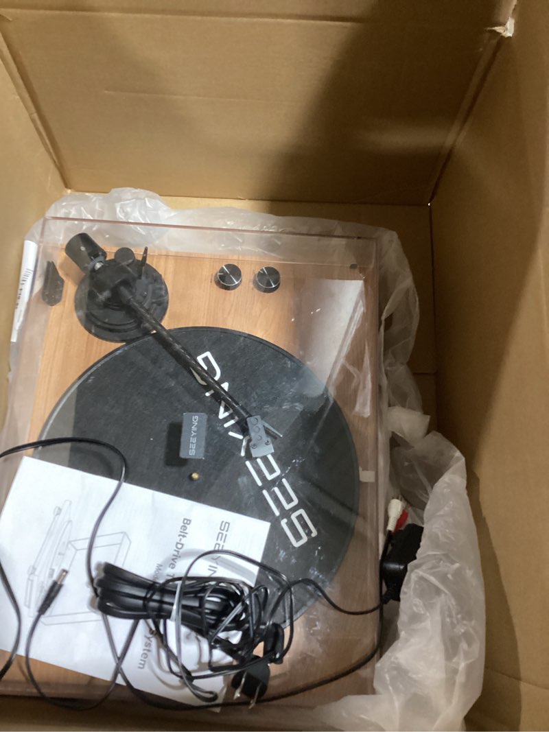 Condition photo showing As Is for Turntable Vinyl Record Player Support Bluetooth Output Phono/Line Switch Pitch Control with Pre-Installed Counterweight & Magnetic Cartridge, Belt Drive 2 Speed Brown