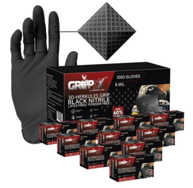 GRIPXX 8 Mil Black Nitrile Gloves – Heavy Duty  3D Raised Diamond Texture Grip – Large 