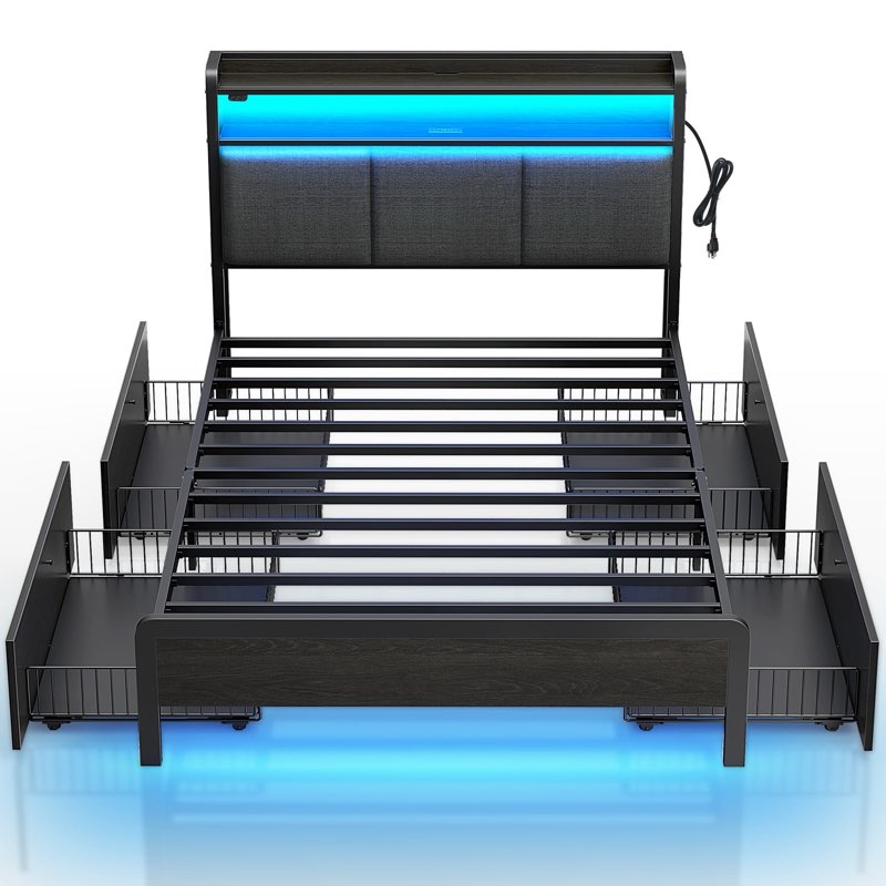 Rolanstar Bed Frame with Charging Station and LED Lights, Upholstered Storage Headboard with Drawers, Heavy Duty Metal Slats, No Box Spring Needed, Noise Free, Easy Assembly