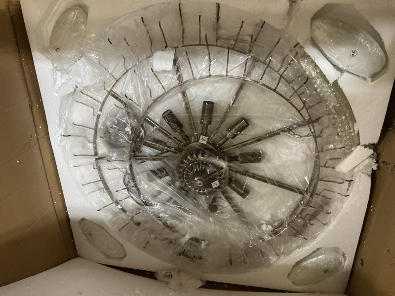 Condition photo showing Good Condition for Wellmet Bronze Vintage Glass Chandelier, Farmhouse French Glass Feather Chandelier, Large French Rustic Pendant Light, for Living Room, Bedroom, Dining Room, Foyer, Entryway, Restaurant