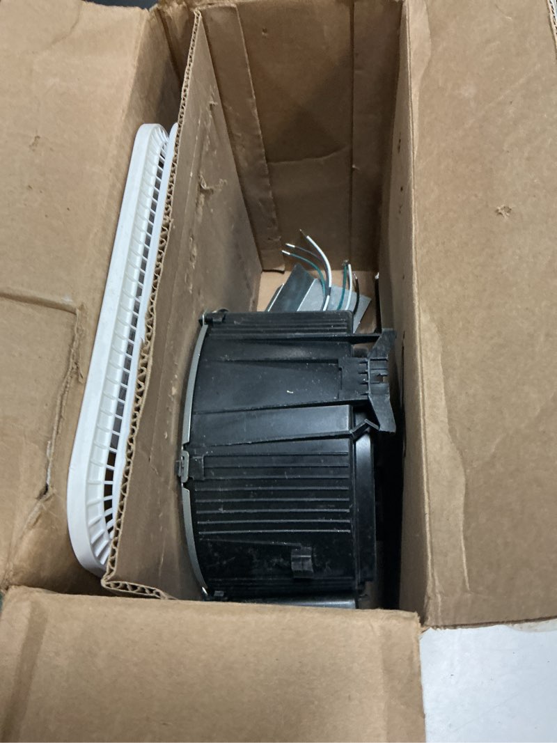 Condition photo showing As Is for broan-nutone bathroom exhaust fan – retrofit design replaces existing fan without attic access, quiet 1.0 sones, 110 cfm, powerful ventilation with 4 selectable cct light settings for a modern look cover bath 110 cfm