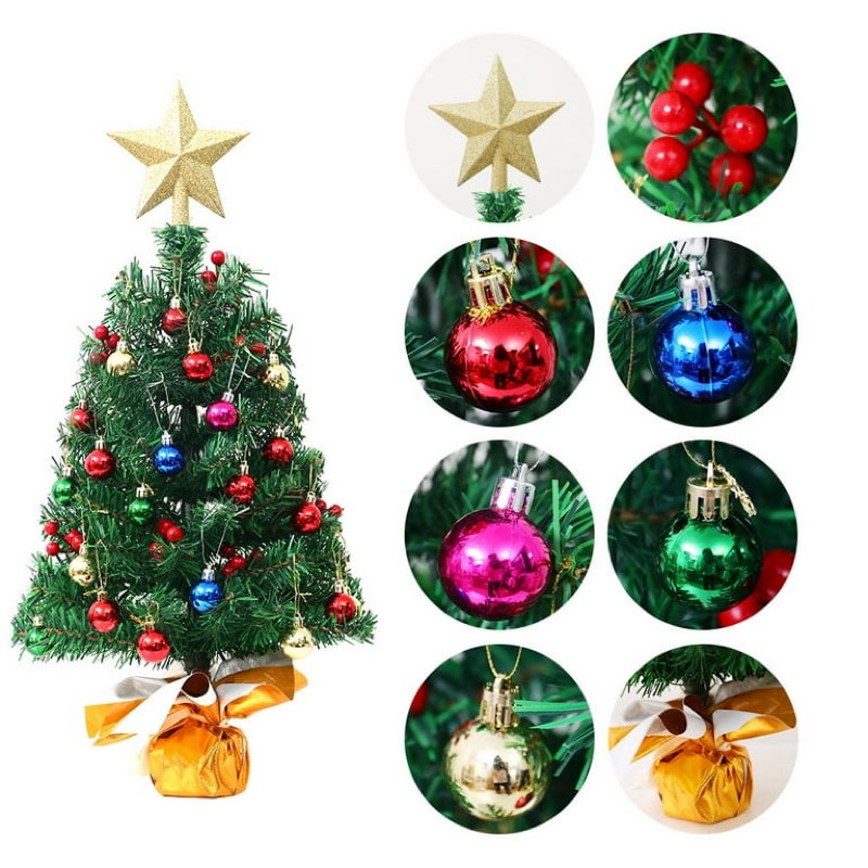 Namzi 18 Inch Tabletop Mini Christmas Tree, Miniature Pine Christmas Tree with Hanging Ornaments, Battery Operated Artificial Xmas Tree, Best DIY Christmas Decorations-Gold