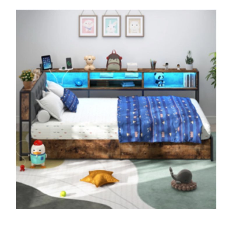 corner bed frame with 2 drawers and storage bookcase, daybed with charging station and led lights (size twin)