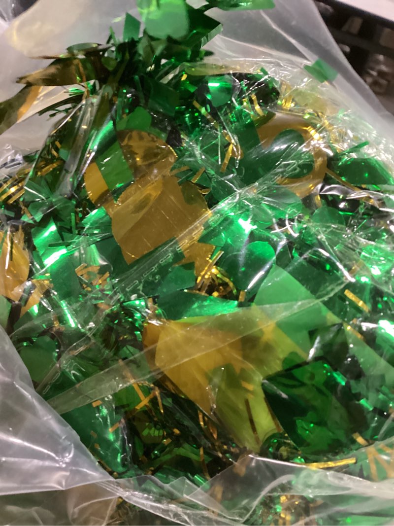 Condition photo showing Good Condition for 100 FT St.Patrick's Day Decorations St Patricks Tinsel Garland Green Gold Shamrock Top Hat Metallic Twisted Hanging Garland for Irish Party Decoration Christmas Tree Décor (B, 100 Feet) Style-B 100 Feet