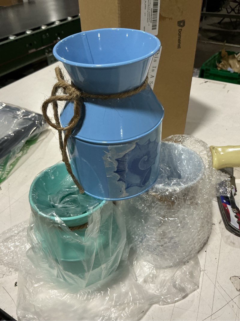 Condition photo showing Good Condition for domensi 3 pcs beach coastal vase decor 5.12" farmhouse ocean centerpiece for tables metal seashell starfish conch flower buckets rustic nautical milk can jug with twine bow for wedding home decor stylish multicolor