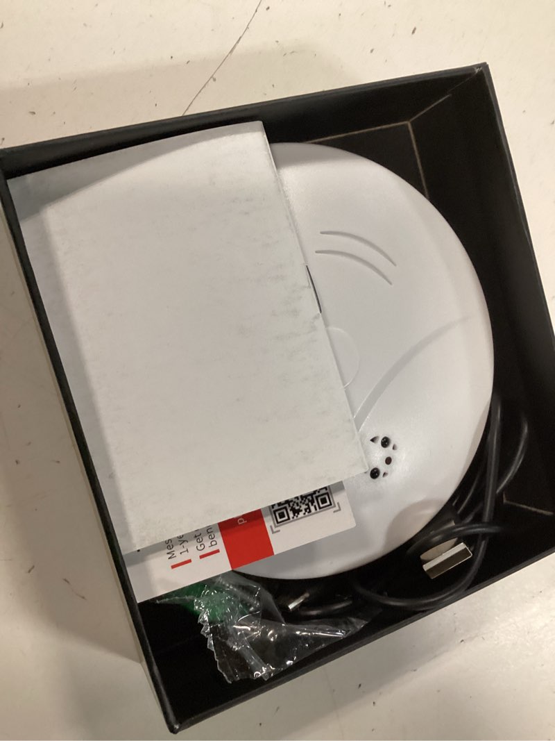 Condition photo showing New/Like New for 1080p hd wireless camera smoke detector for home security with app control & motion detection,wifi indoor security camera with night vision & loop recording for office,garage,shop,pet white