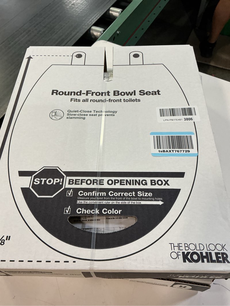 Condition photo showing New/Like New for kohler 20111-0 brevia, slow close toilet seat, round toilet seat, grip-tight bumpers quick-attach hardware, white