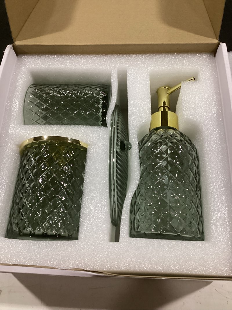 Condition photo showing Good Condition for jenseits emerald green glass bathroom set 4 piece - luxury diamond textured bathroom accessories - soap dispenser, vanity tray, toothbrush holder, apothecary jar - boho style home decor diamond - green glass