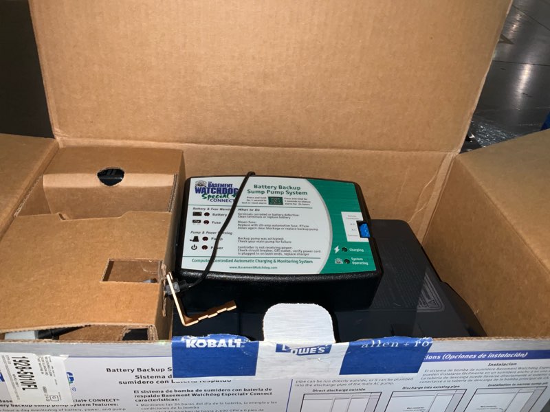 Condition photo showing Good Condition for the basement watchdog model bwsp 2,600 gph at 0 ft. and 1,850 gph at 10 ft. special connect battery backup sump pump system with wifi capable 24 hour a day monitoring controller