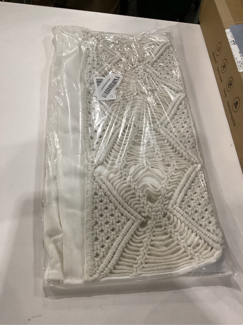 Condition photo showing New/Like New for Mkono Macrame Bedside Caddy Storage Organizer Boho Remote Control Tablet Magazine Holder with 4 Pockets Non-slip Countertop Bedside Caddy for Home Bedroom Living Room College Dorm Bed, Ivory, Large Ivory Large